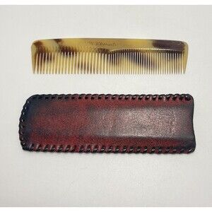 Vtg NYLON Rhenalux Faux Tortoiseshell Pocket Comb Stitched Leather Case 4.75"